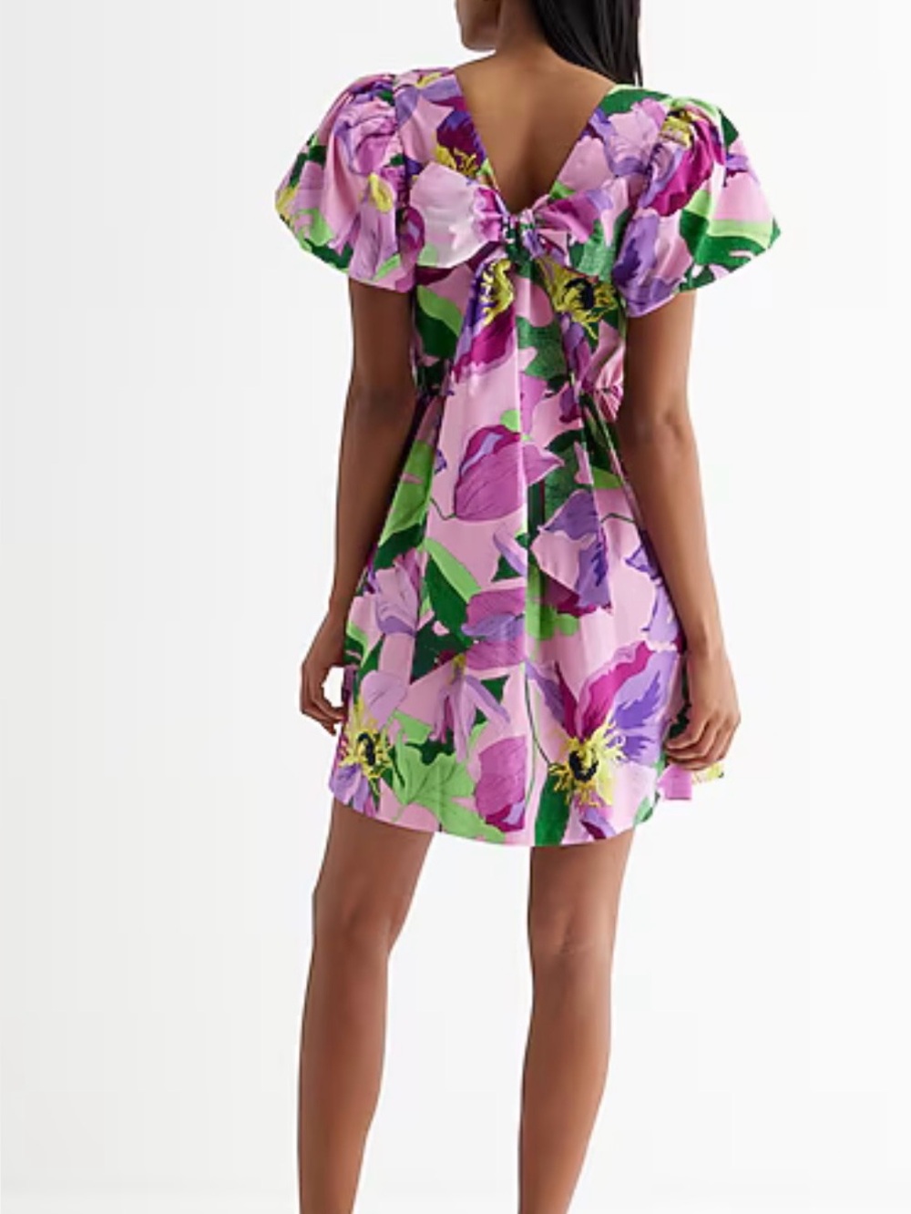 Express Floral Puff Sleeve Bow Back Mini Dress Garden Party whimsical Sz M